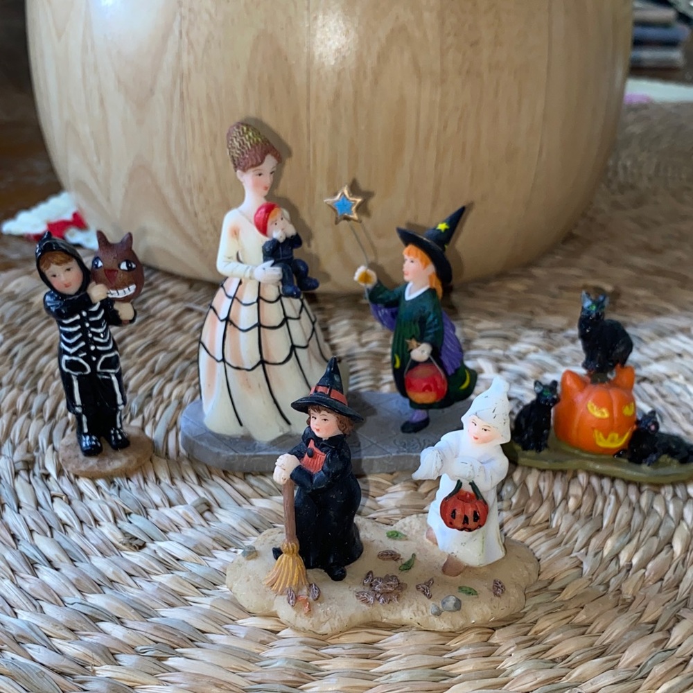 Vintage style Halloween village, resin kids, woman in costumes cats pumpkins
